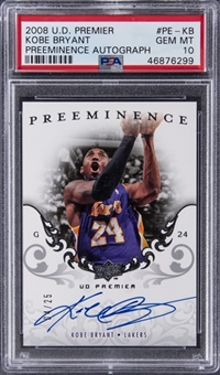 2008-09 Upper Deck Premier "Preeminence Autograph" #PE-KB Kobe Bryant Signed Card (#04/25) - PSA GEM MT 10